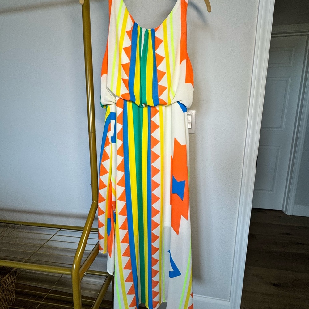 Vibrant Geometric Maxi Dress in Neon Orange, Blue & Lime